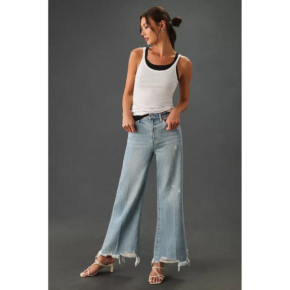 Pistola Loretta Raw Hem High Rise Wide Leg Jeans Light Wash Distressed Size 28